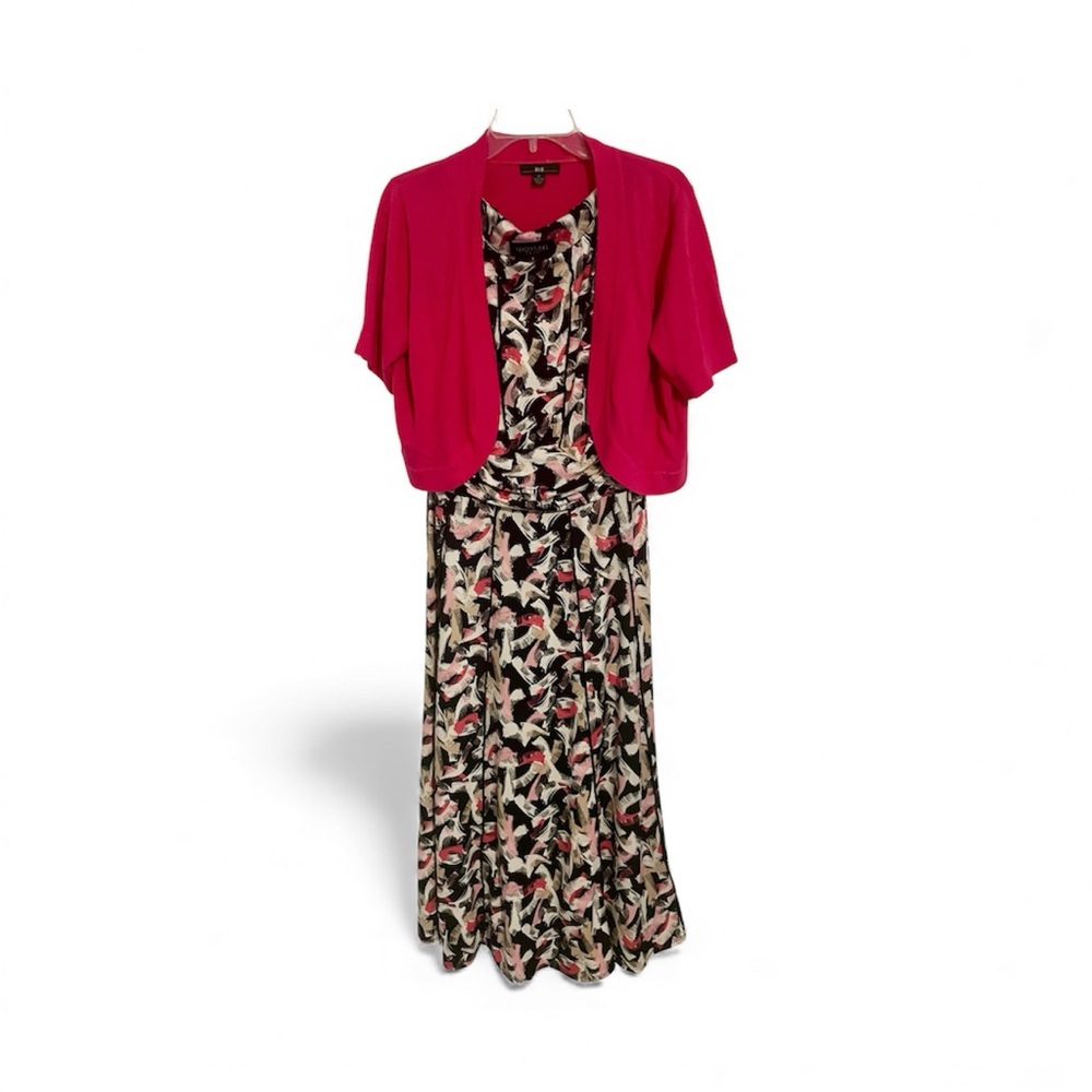 Perceptions New York Black and Pink Abstract Dress with Pink Shoulder Shrug